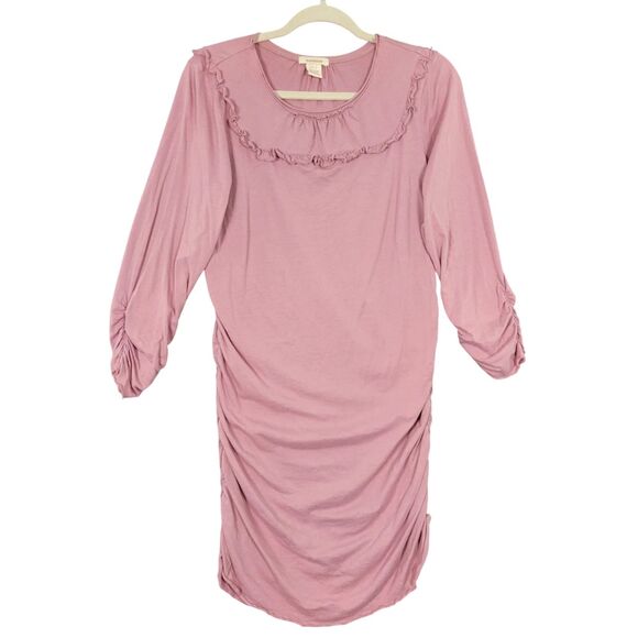 Sundance Dresses & Skirts - SUNDANCE Pink Ruffle Bib Ruched 3/4 Sleeve Feminine Romantic Dress SIZE LARGE